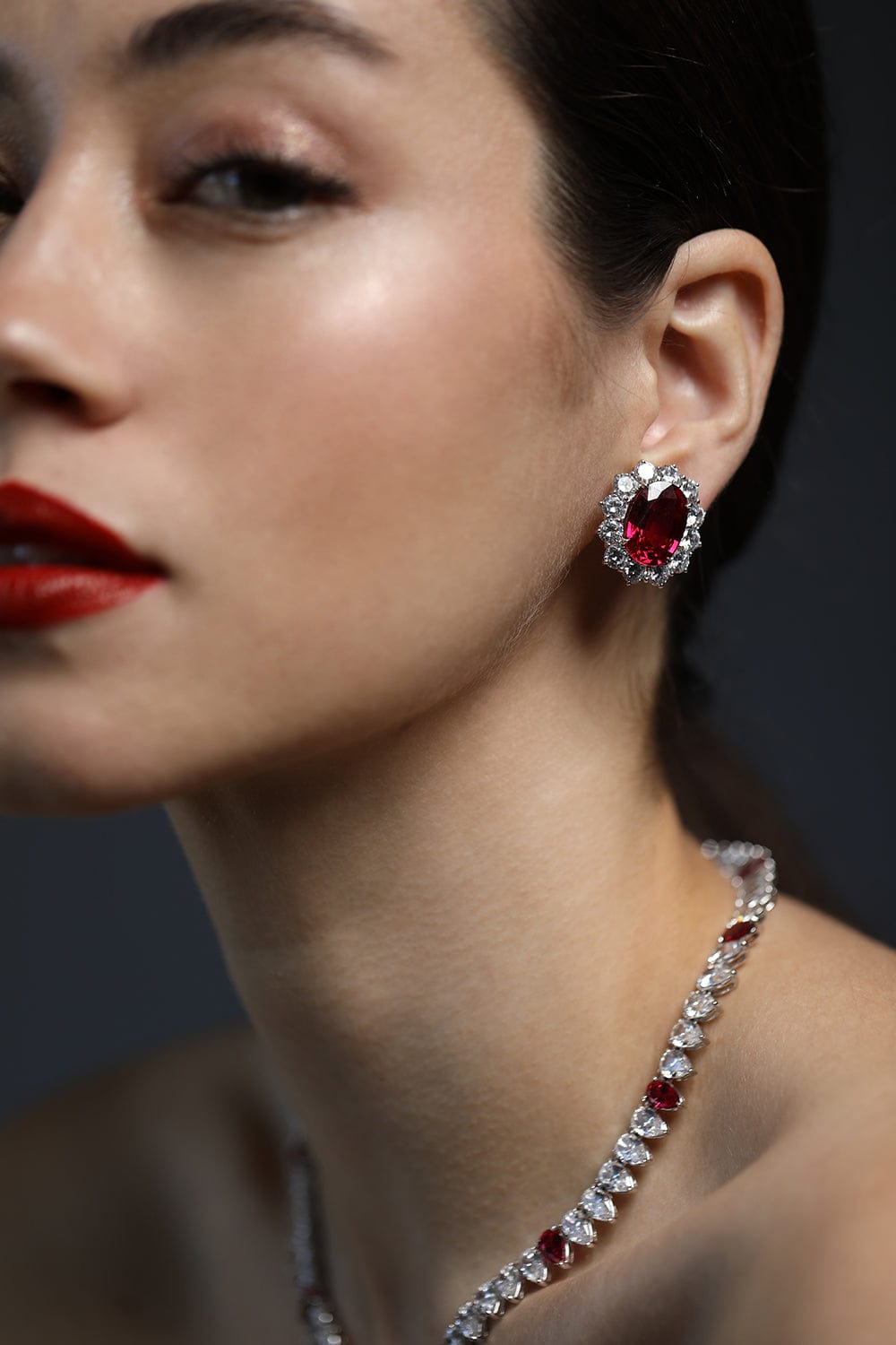 FANTASIA by DESERIO-Red CZ Oval Stud Clip Earrings-RED