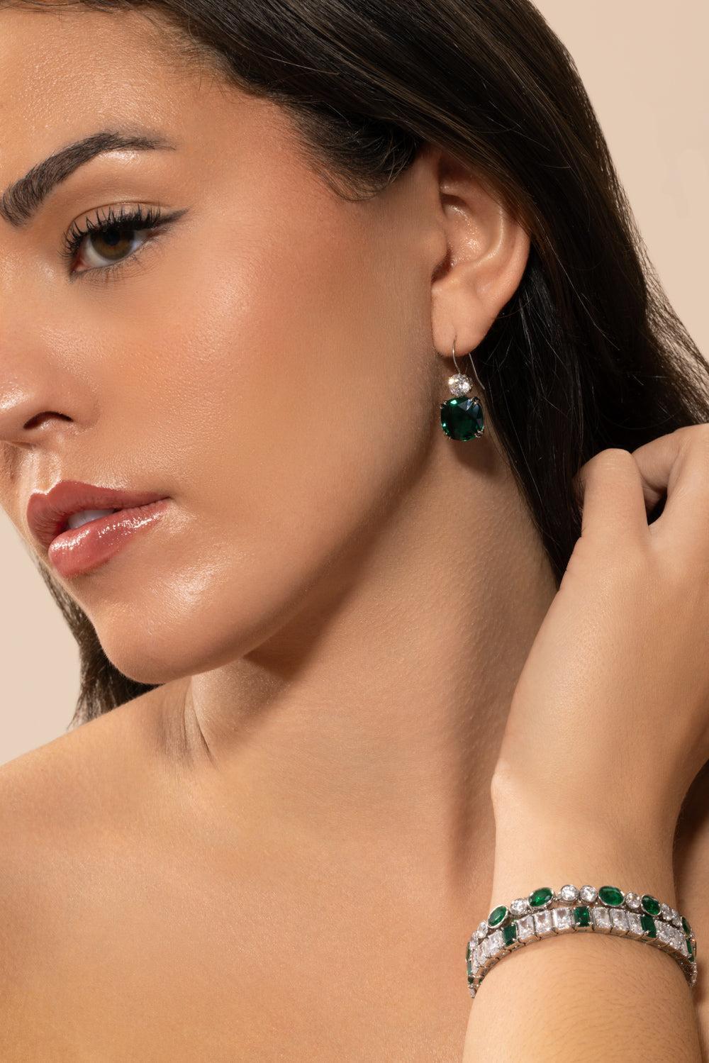 Emerald Cushion Round Earrings-WHITE-JEWELRYBOUTIQUEEARRING-FANTASIA by DESERIO