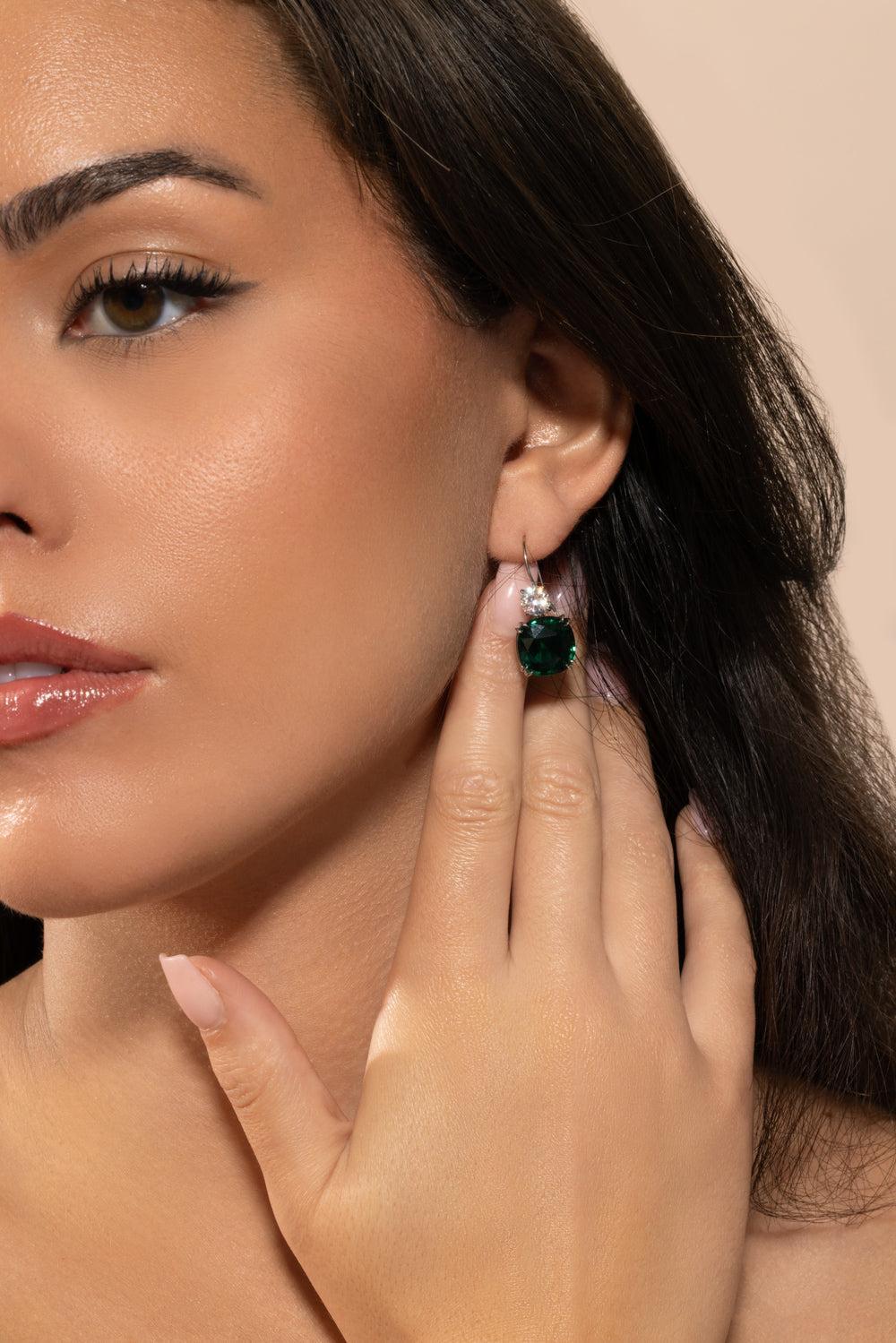 Emerald Cushion Round Earrings-WHITE-JEWELRYBOUTIQUEEARRING-FANTASIA by DESERIO