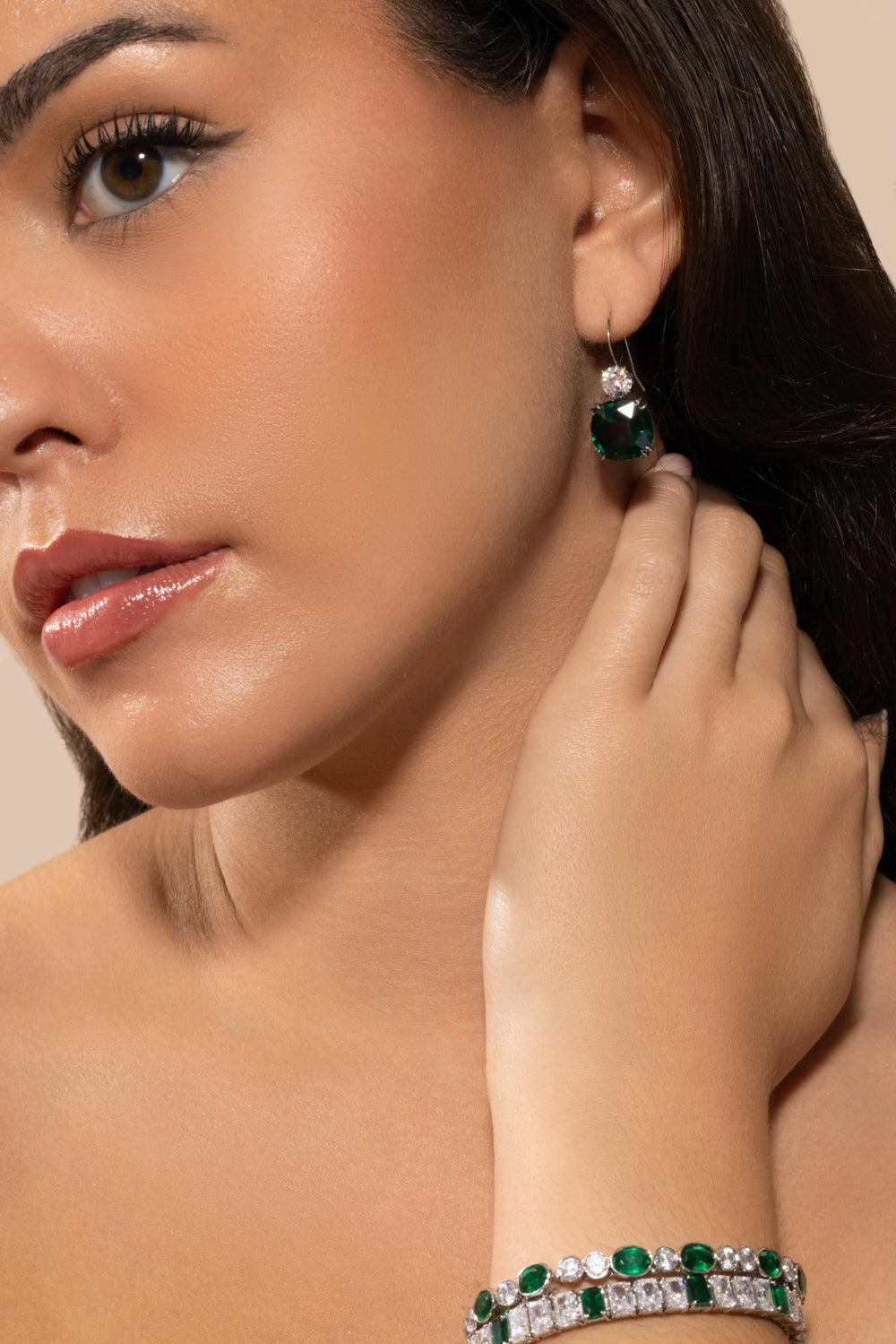 Emerald Cushion Round Earrings-WHITE-JEWELRYBOUTIQUEEARRING-FANTASIA by DESERIO