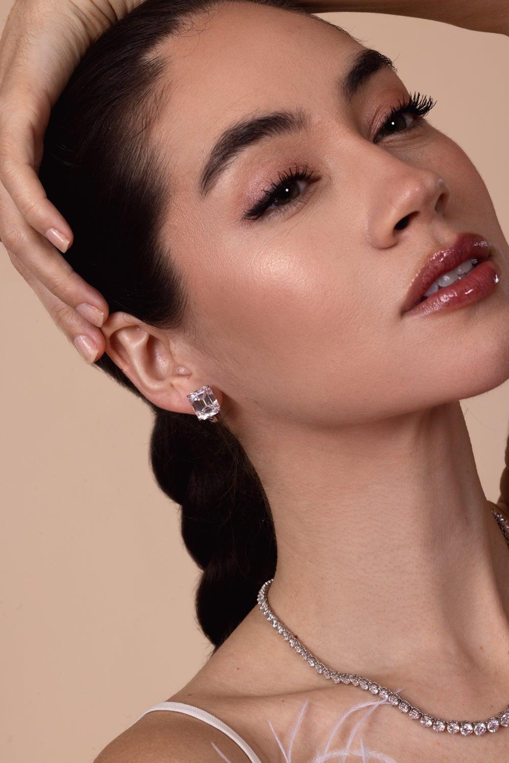 FANTASIA by DESERIO-Emerald Cut Stud Earrings-WHITE