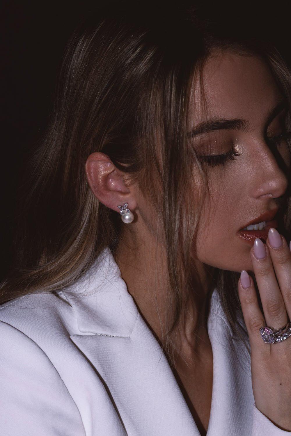 FANTASIA by DESERIO-Marquise CZ Pearl Stud Earrings-WHITE