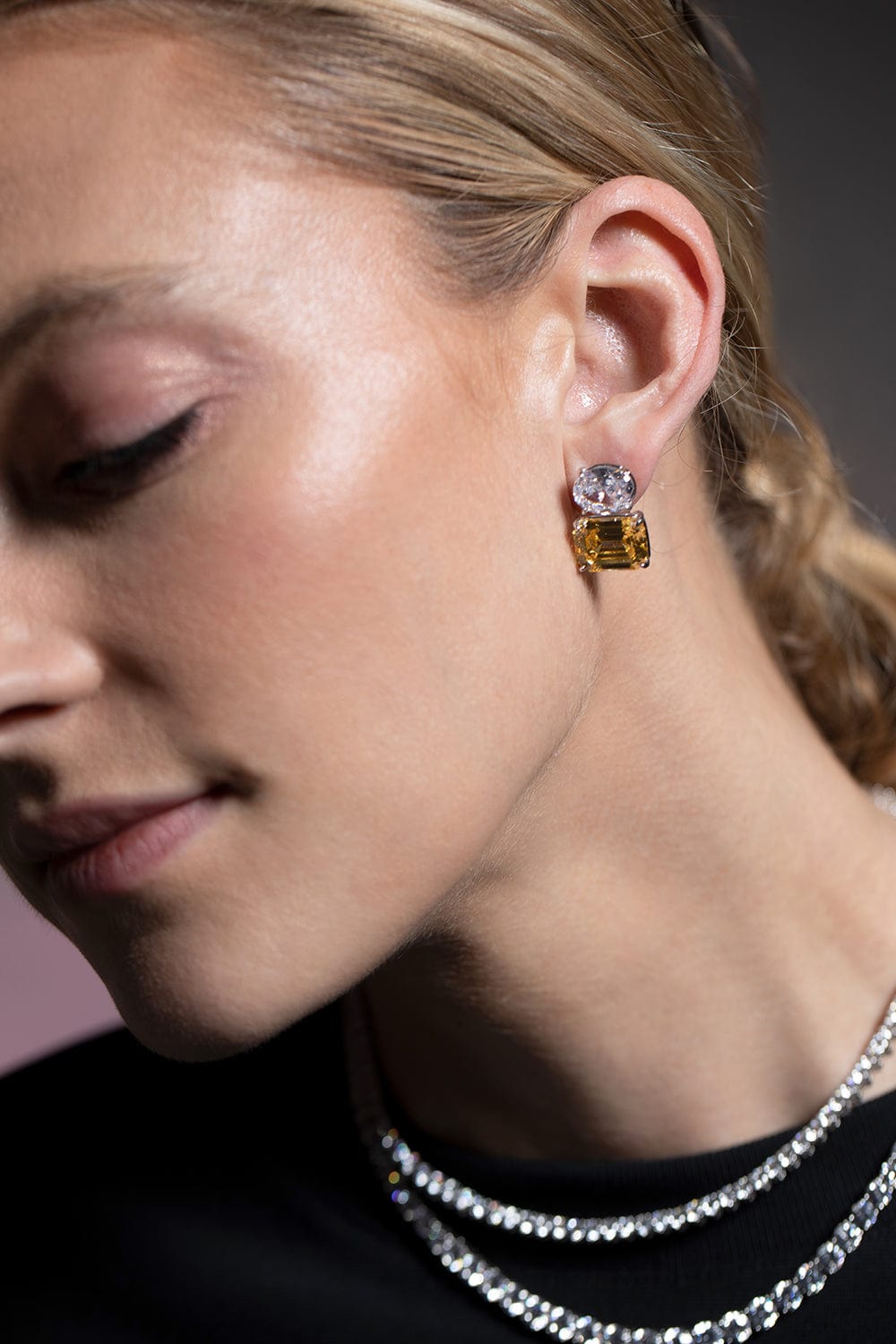 FANTASIA by DESERIO-Oval and Emerald Canary Button Earrings-WHITE