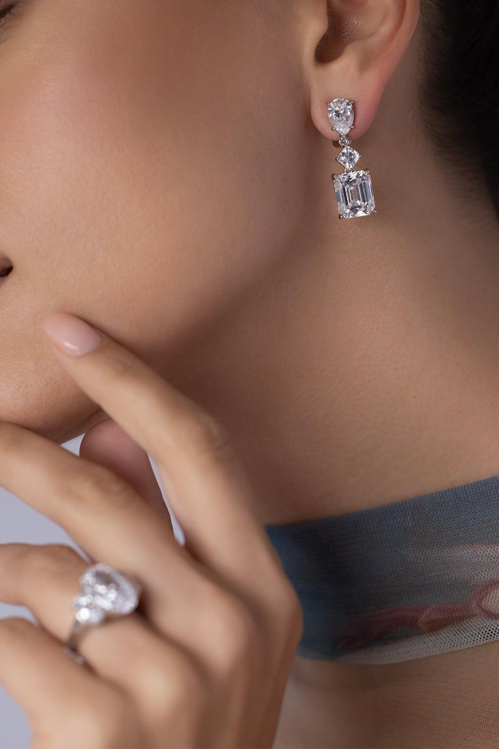 FANTASIA by DESERIO-Pear Emerald Cut Drop Earrings-WHITE