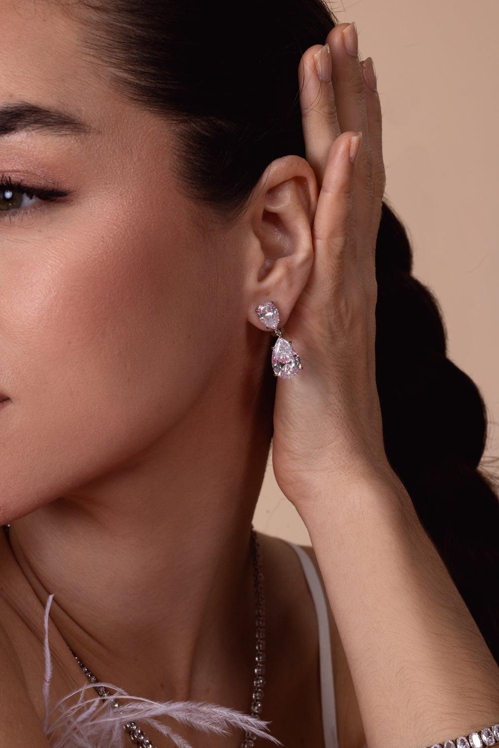 FANTASIA by DESERIO-Pear Shape Double Drop Earrings-WHITE
