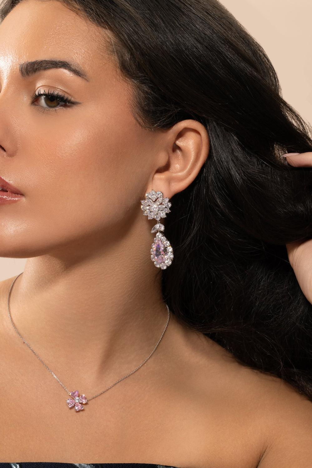 Pink White Cluster Drop Earrings-WHITE-JEWELRYBOUTIQUEEARRING-FANTASIA by DESERIO