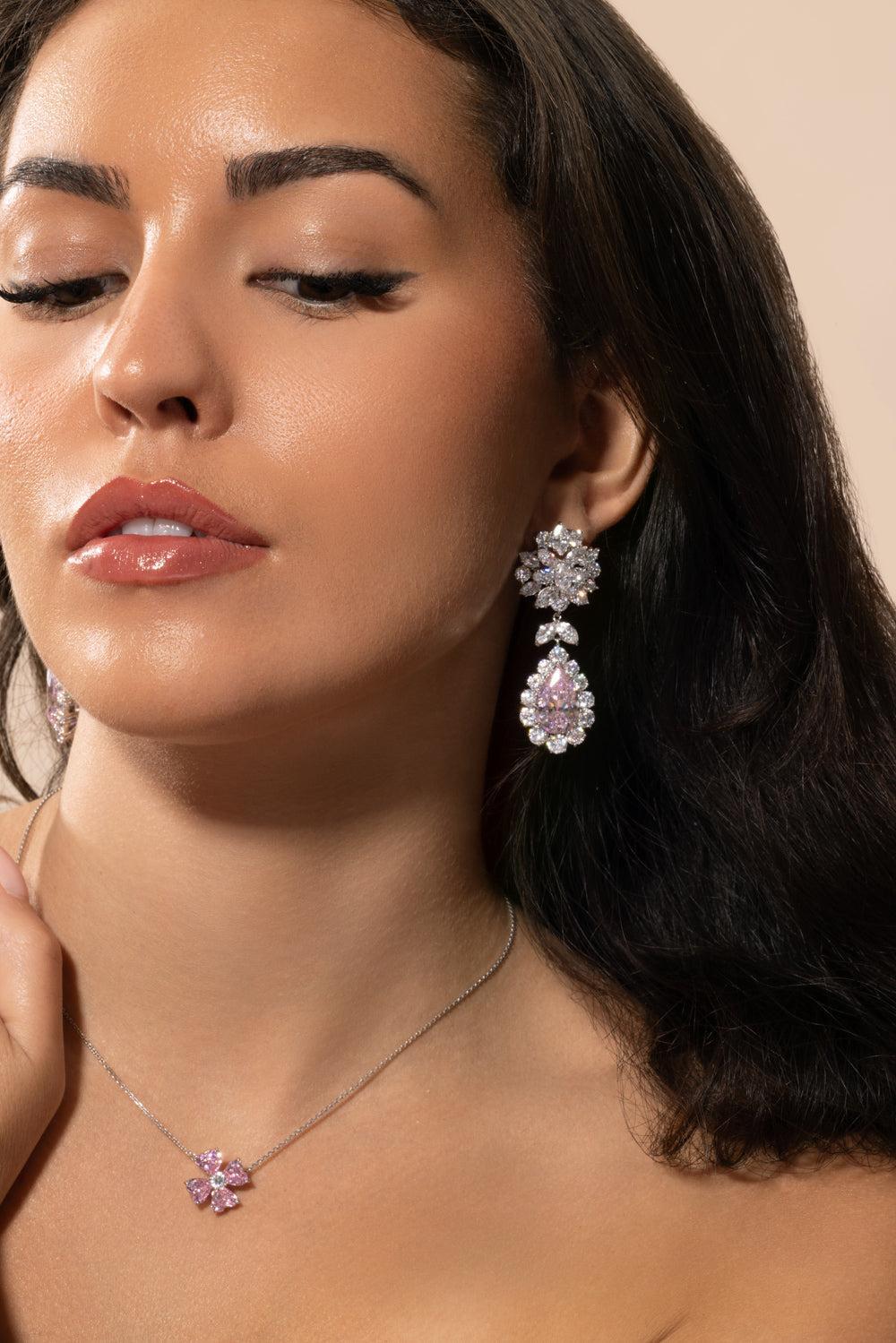 Pink White Cluster Drop Earrings-WHITE-JEWELRYBOUTIQUEEARRING-FANTASIA by DESERIO
