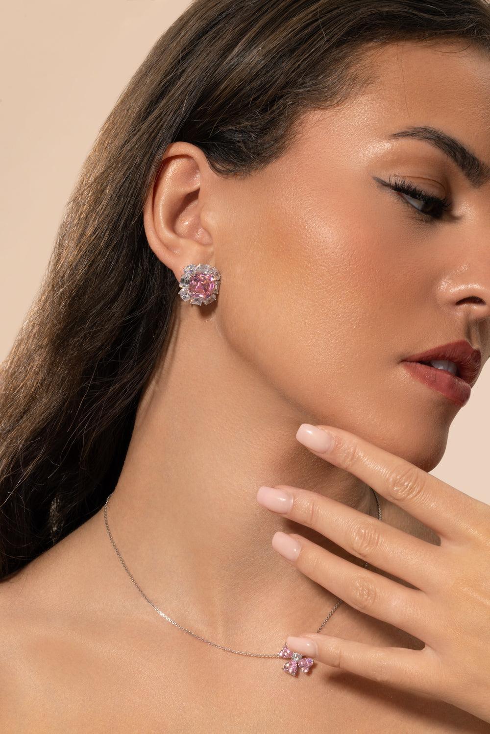 Pink White Oval Stud Earrings-WHITE-JEWELRYBOUTIQUEEARRING-FANTASIA by DESERIO