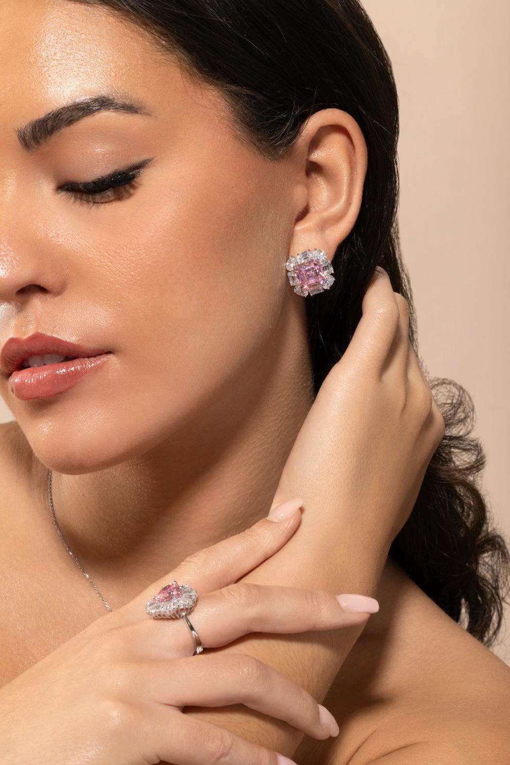 Pink White Oval Stud Earrings-WHITE-JEWELRYBOUTIQUEEARRING-FANTASIA by DESERIO