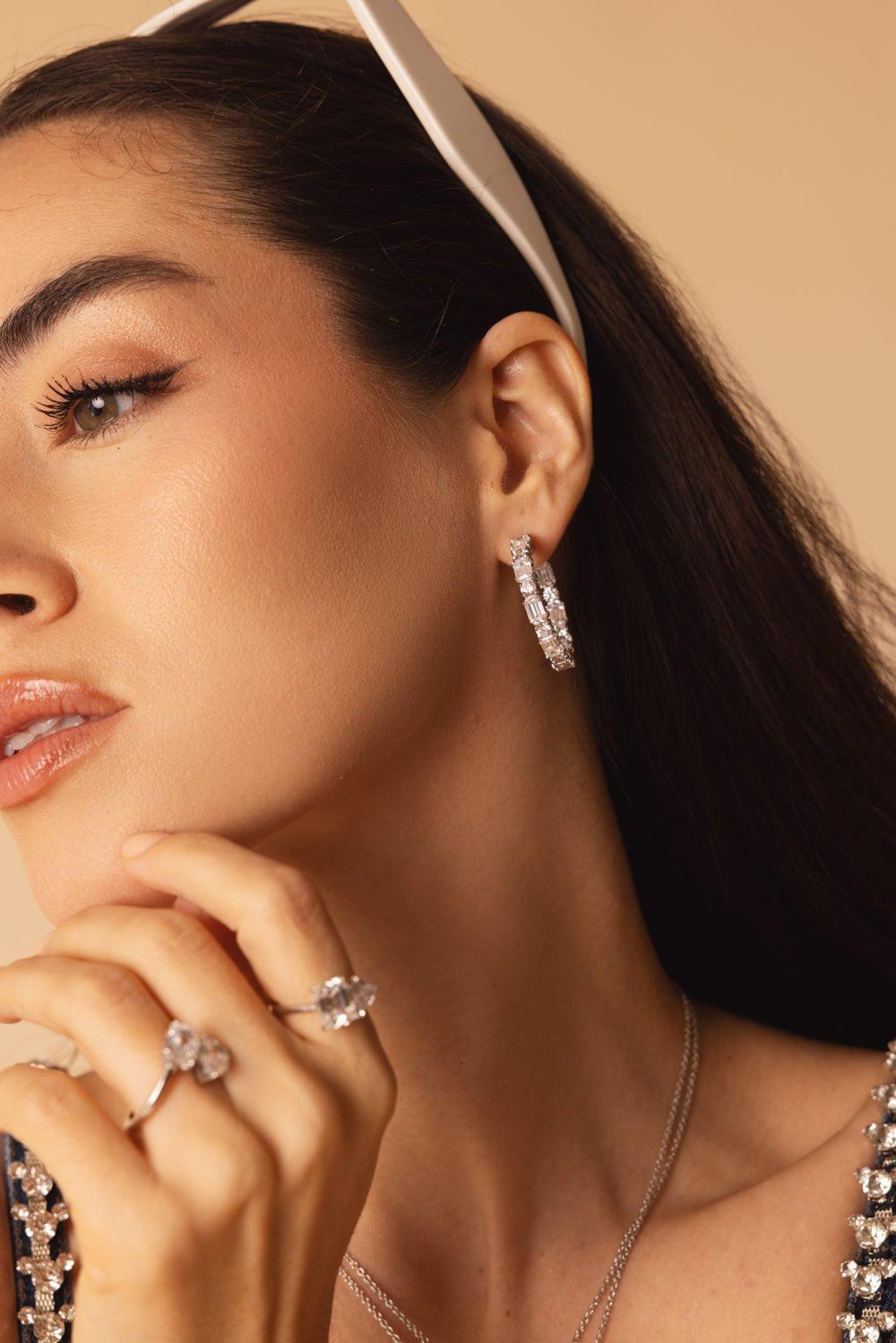 FANTASIA by DESERIO-Alternating Emerald Cut Hoop Earrings-WHITE