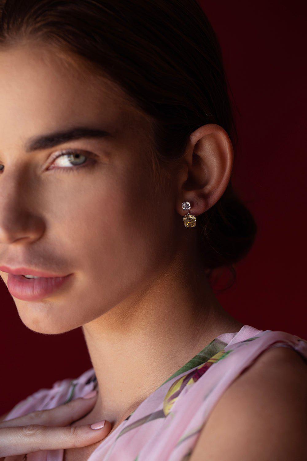FANTASIA by DESERIO-Small Double Asscher Earrings-WHITE
