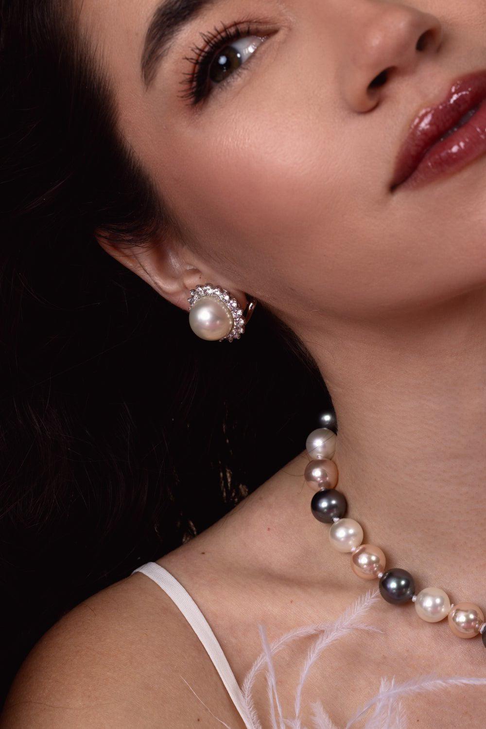 FANTASIA by DESERIO-Stone Surrounding Stud Earrings-WHITE