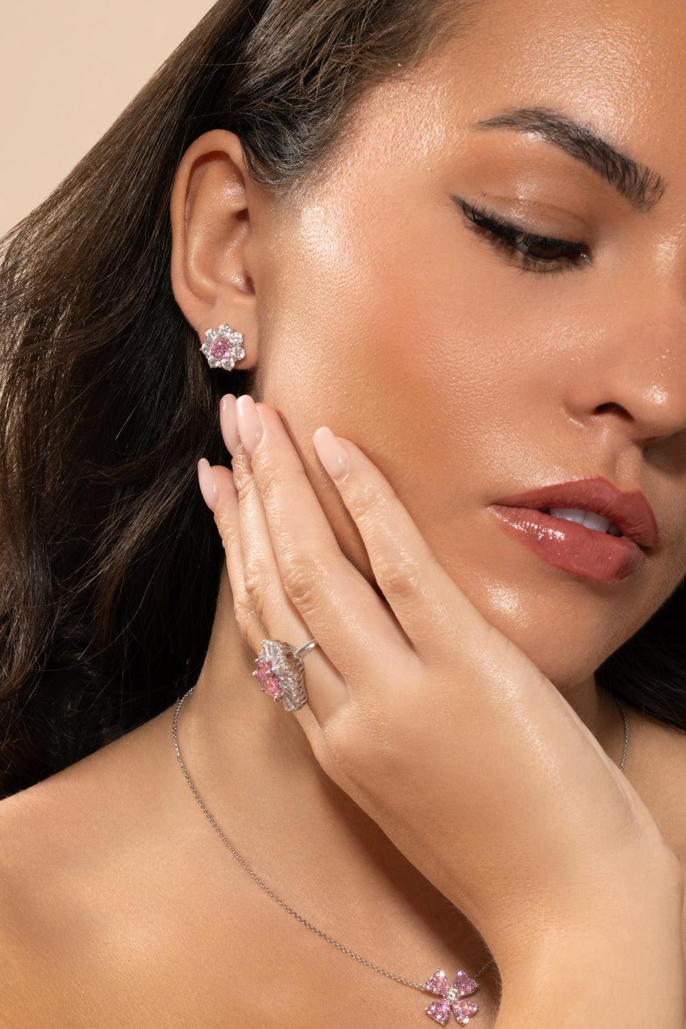 White Pink Flower Stud Earrings-WHITE-JEWELRYBOUTIQUEEARRING-FANTASIA by DESERIO