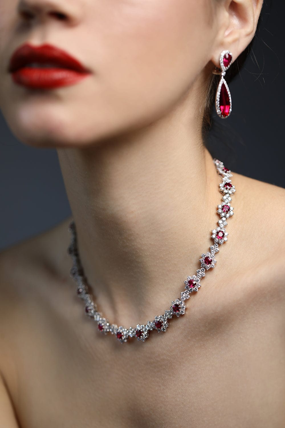FANTASIA by DESERIO-Red CZ Flower Tennis Necklace-RED
