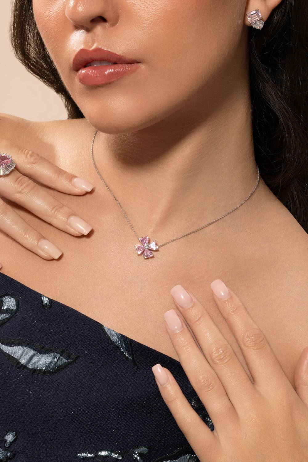 Pink Clover Pendant Necklace-WHITE-JEWELRYBOUTIQUENECKLACE O-FANTASIA by DESERIO