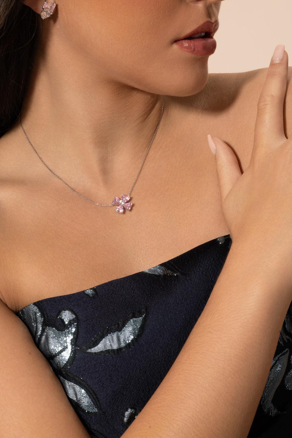 Pink Clover Pendant Necklace-WHITE-JEWELRYBOUTIQUENECKLACE O-FANTASIA by DESERIO