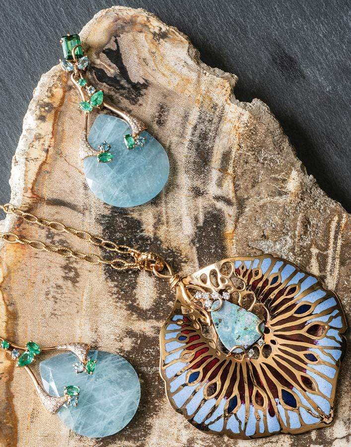 FEDERICA RETTORE-Aquamarine, Diamond, and Emerald Costa Paradiso Earrings-ROSE GOLD