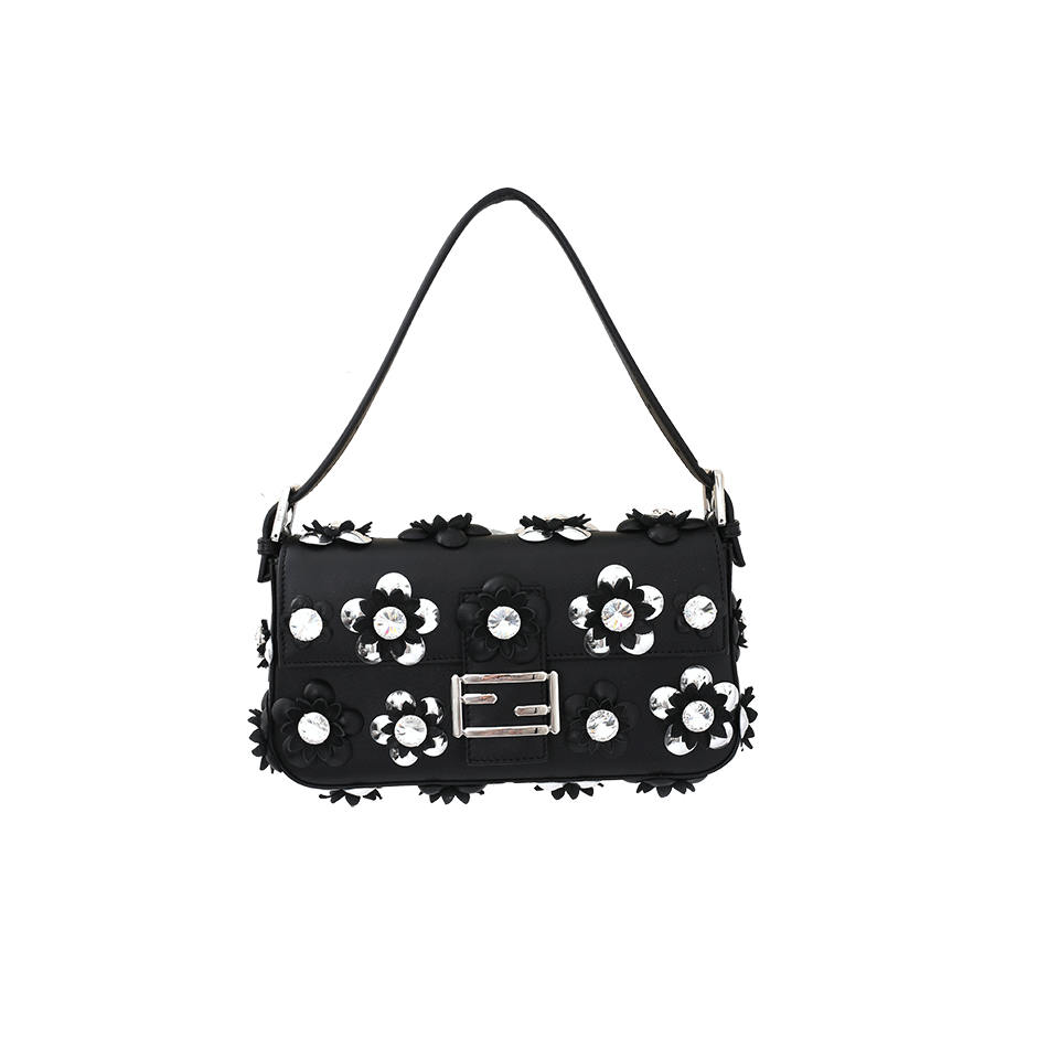 FENDI-Floral Baguette Purse-BLK/SLVR