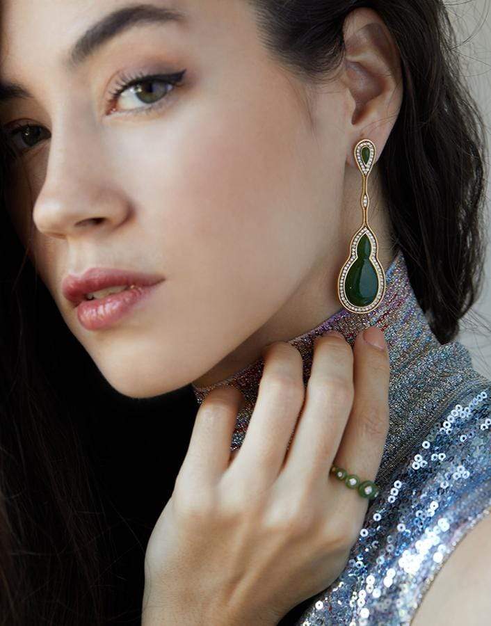 FERNANDO JORGE-Fluid Diamonds Framed Jade Earrings-YELLOW GOLD
