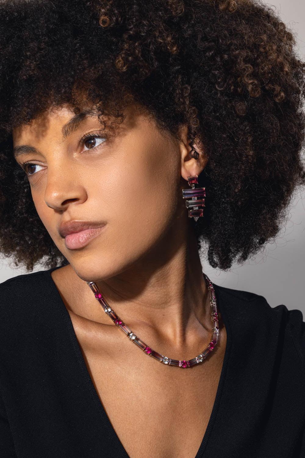 FISZMAN JEWEL-Bicolor Rubellite Diamond Earrings-WHITE GOLD