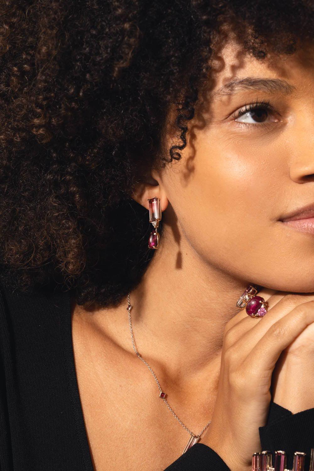 FISZMAN-Bicolor Rubellite Diamond Earrings-WHITE GOLD