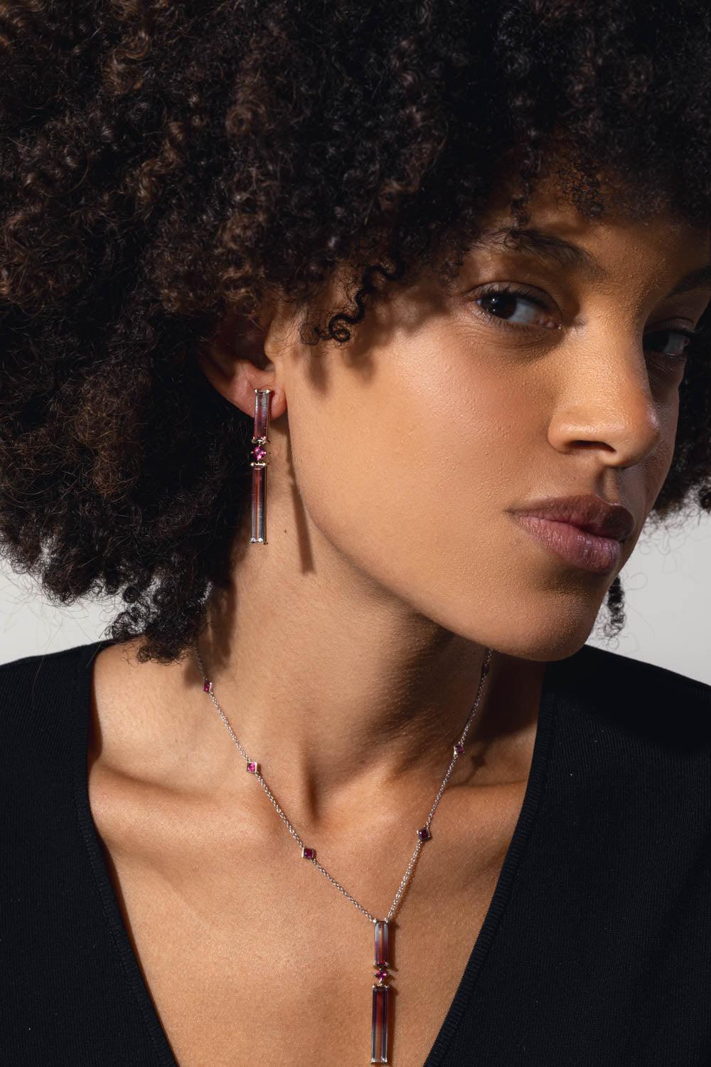 FISZMAN-Bicolor Rubellite Tourmaline Earrings-WHITE GOLD
