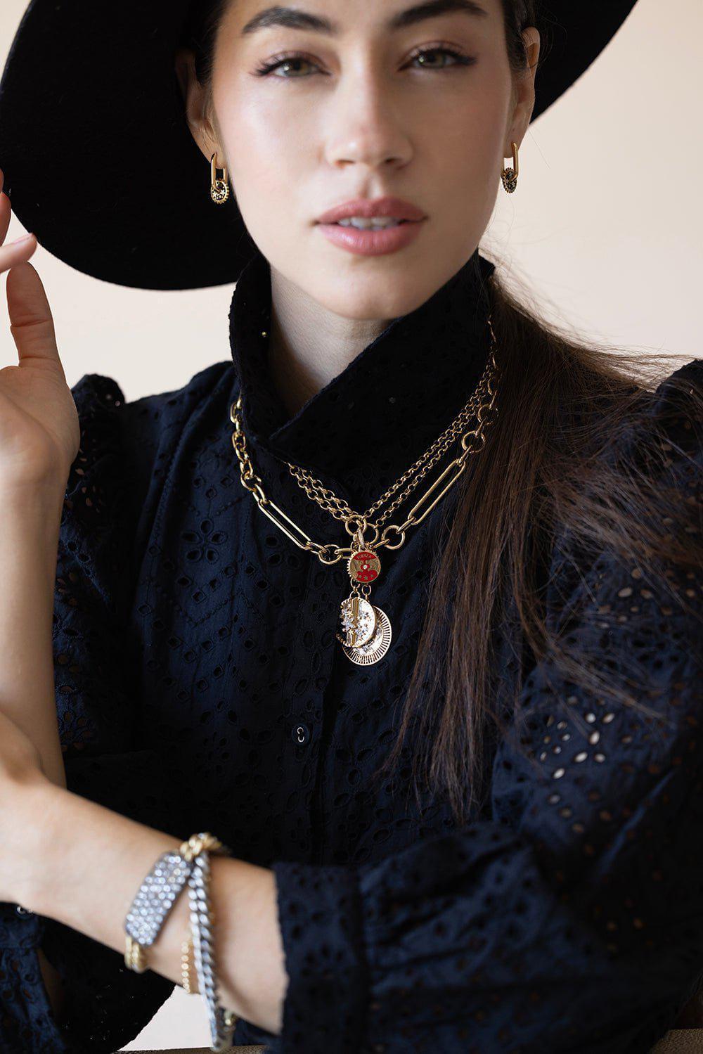 FOUNDRAE-Solar + Lunar - Strength Petite Ceramic Medallion with Oval Pushgate-YELLOW GOLD