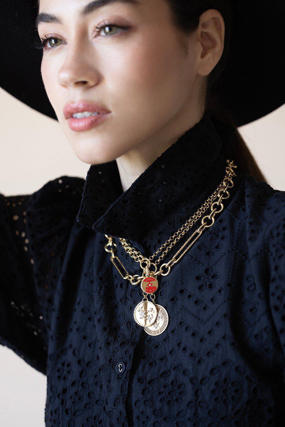 FOUNDRAE-Solar + Lunar - Strength Petite Ceramic Medallion with Oval Pushgate-YELLOW GOLD