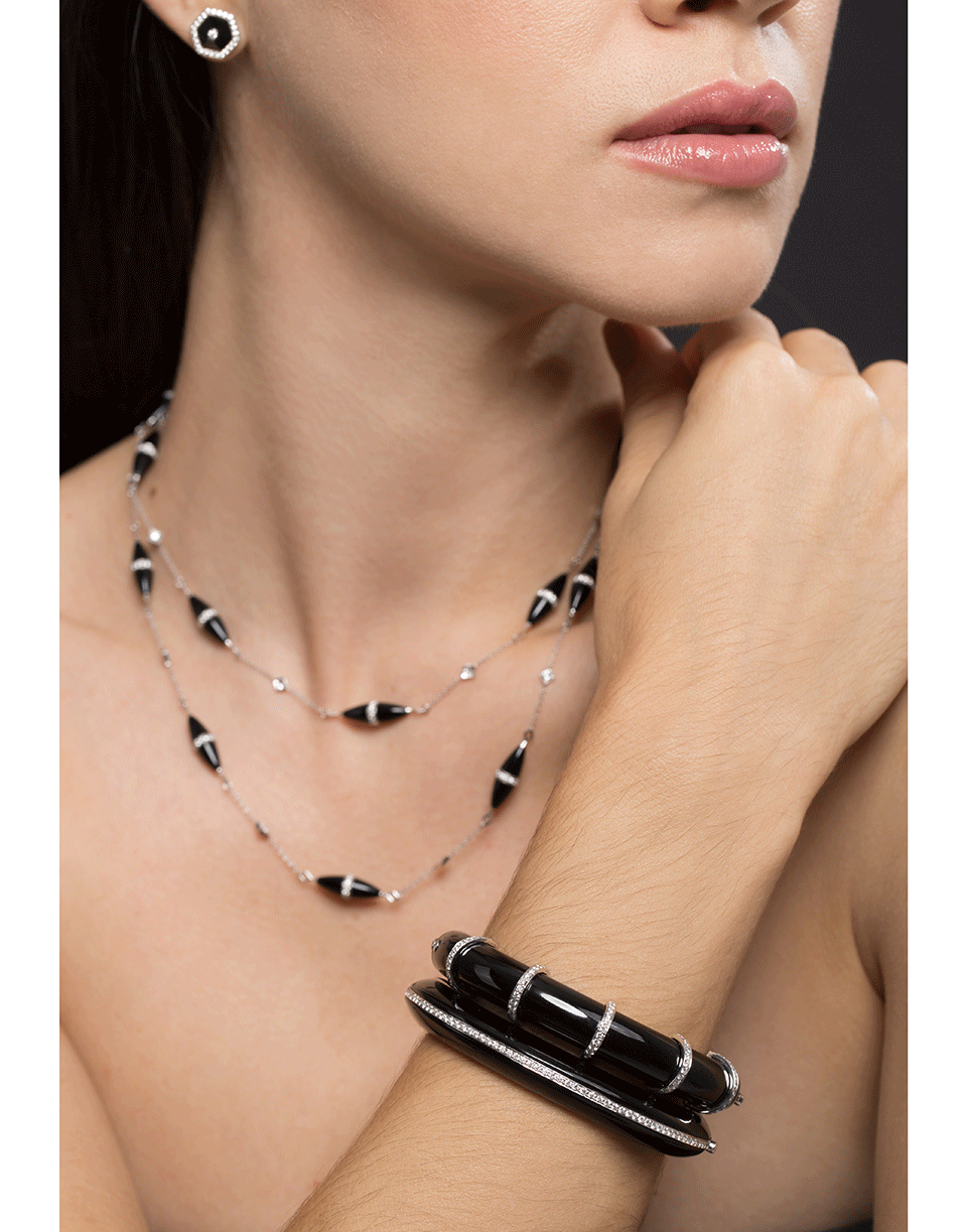 FRED LEIGHTON-Black Jade And Diamond Line Bangle-WHITE GOLD