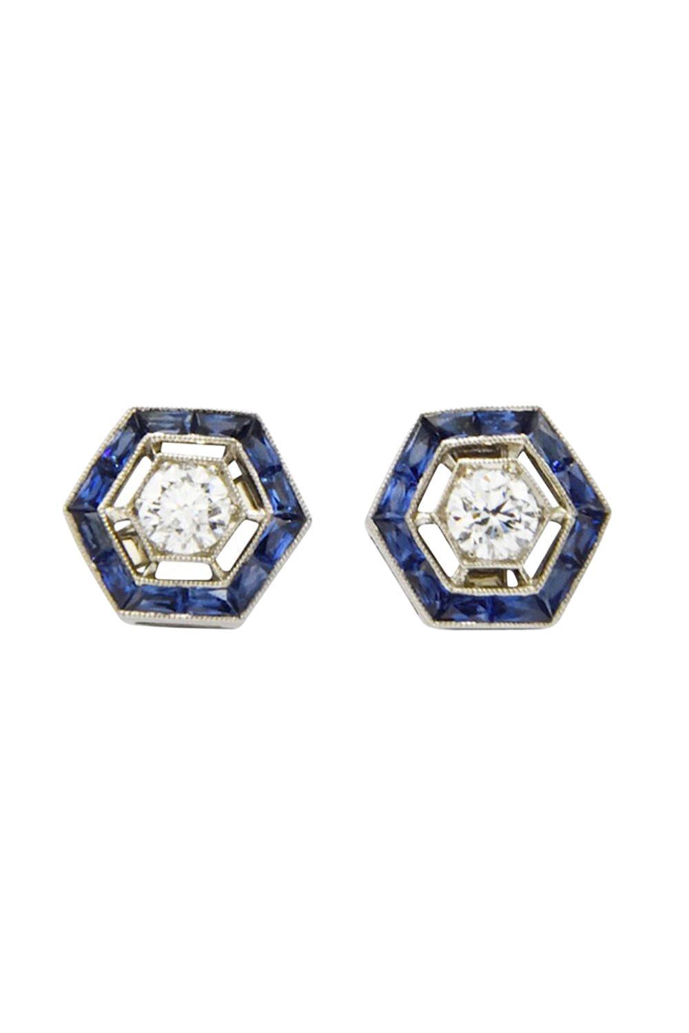 Sapphire Halo Hexagon Stud Earrings-WHITE GOLD-JEWELRYFINE JEWELEARRING-FRED LEIGHTON