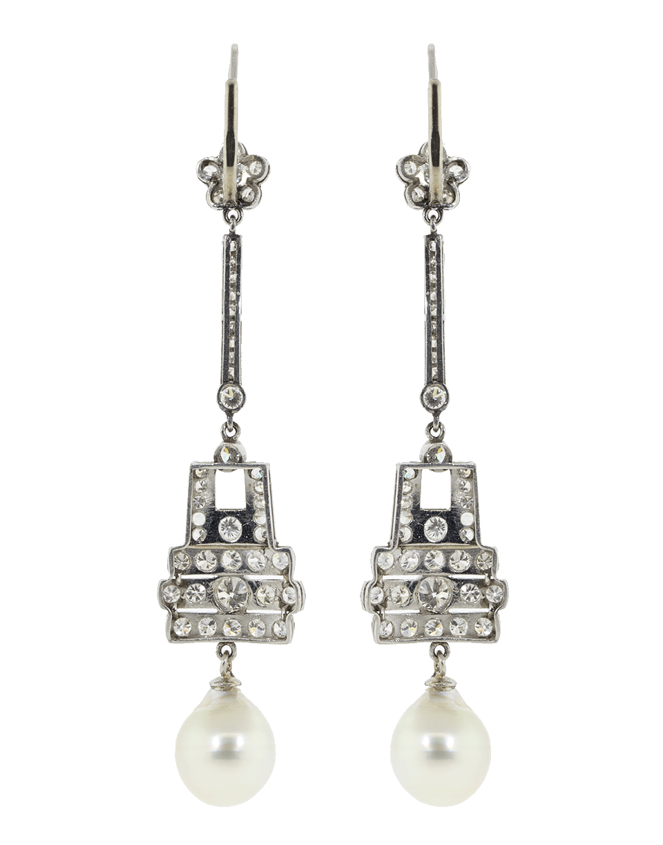 FRED LEIGHTON-Art Deco Diamond And Cultured Pearl Pendant Earrings-PLATINUM