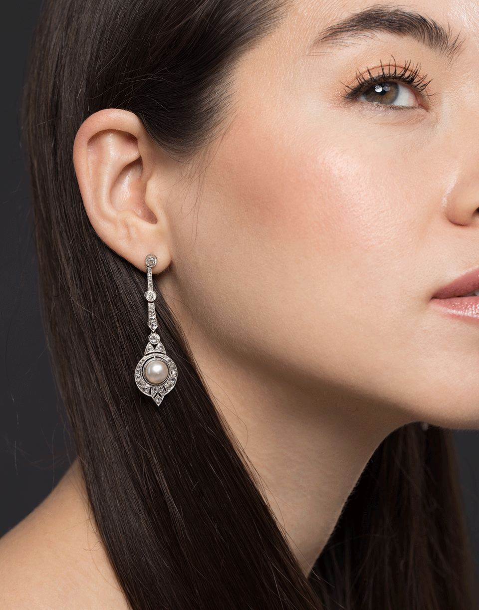 FRED LEIGHTON-Art Deco Natural Pearl and Diamond Earring-PLATINUM
