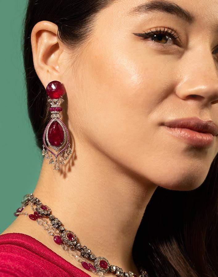 FRED LEIGHTON-Rose Cut Ruby and Diamond Earrings-PLATINUM