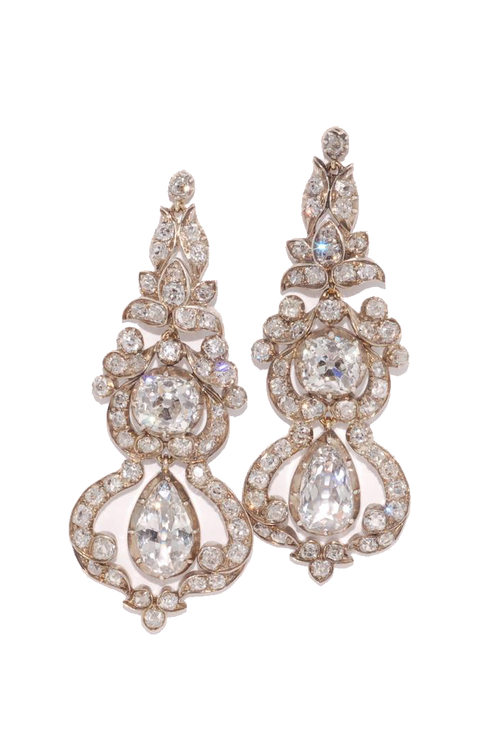 Antique Old Mine Diamond Foliate Motif Pendant Earrings-SILVER-JEWELRYFINE JEWELEARRING-FRED LEIGHTON