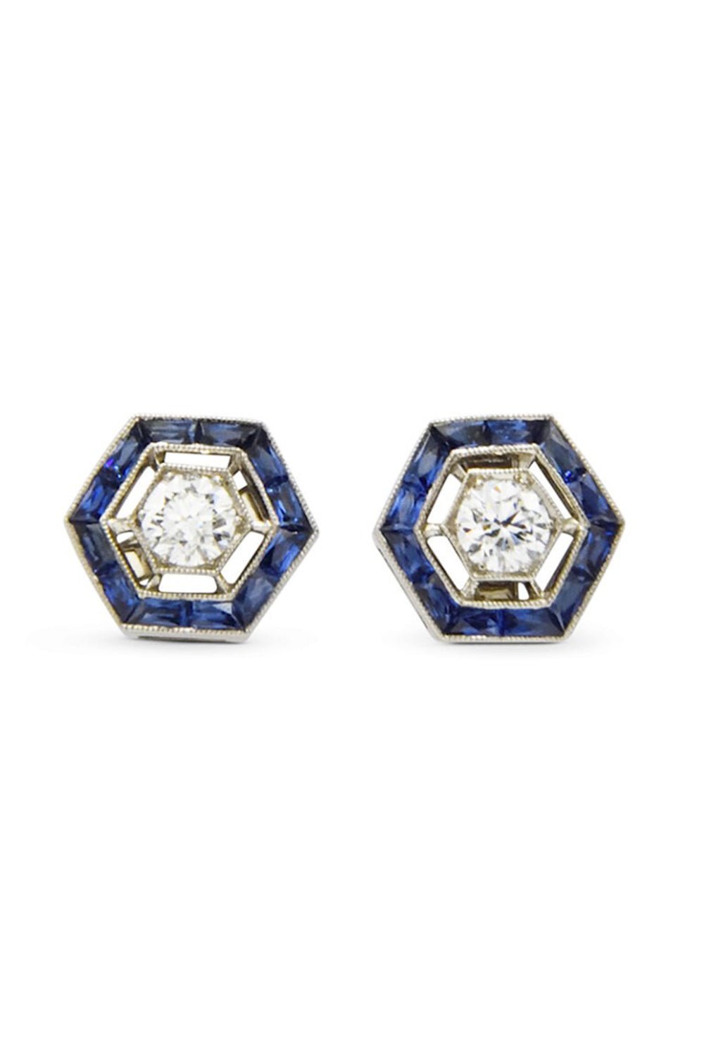 FRED LEIGHTON-Sapphire Halo Hexagon Stud Earrings-WHITE GOLD
