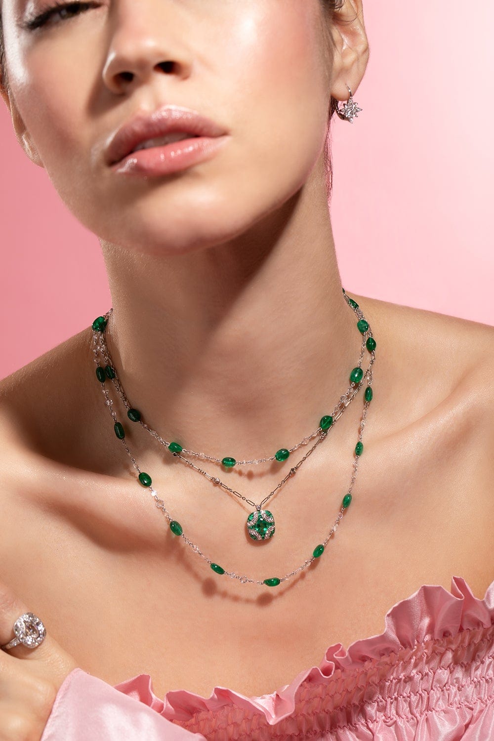 FRED LEIGHTON-Emerald Bead Invisible Link Necklace-WHITE GOLD