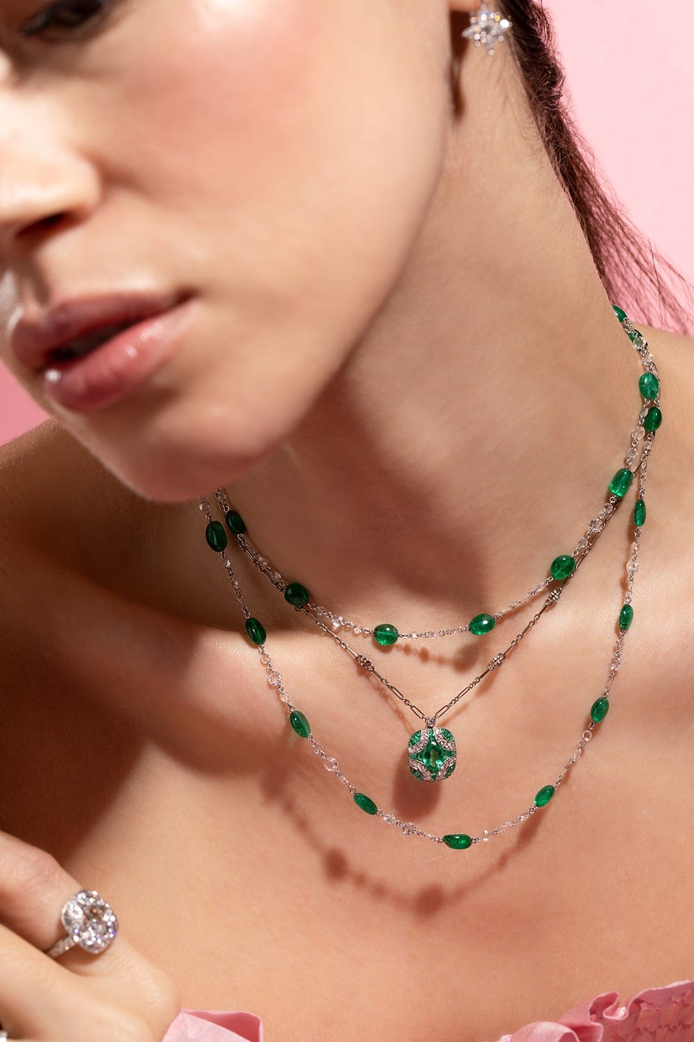 FRED LEIGHTON-Emerald Bead Invisible Link Necklace-WHITE GOLD