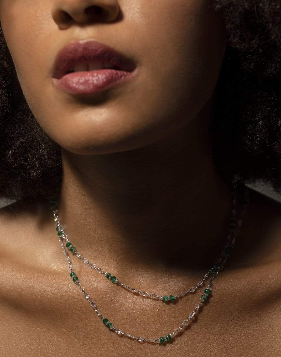 FRED LEIGHTON-Rose Cut Diamond and Emerald Bead Necklace-WHITE GOLD