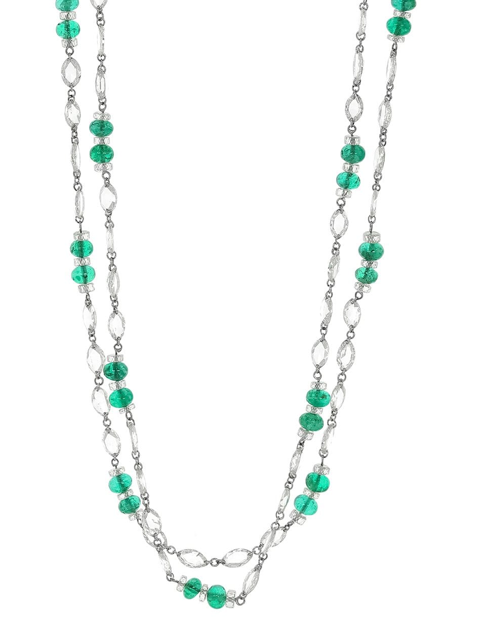FRED LEIGHTON-Rose Cut Diamond and Emerald Bead Necklace-WHITE GOLD