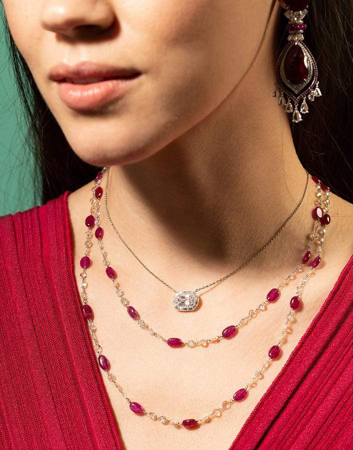 FRED LEIGHTON-Rosecut Diamond and Ruby Bead Necklace-WHITE GOLD