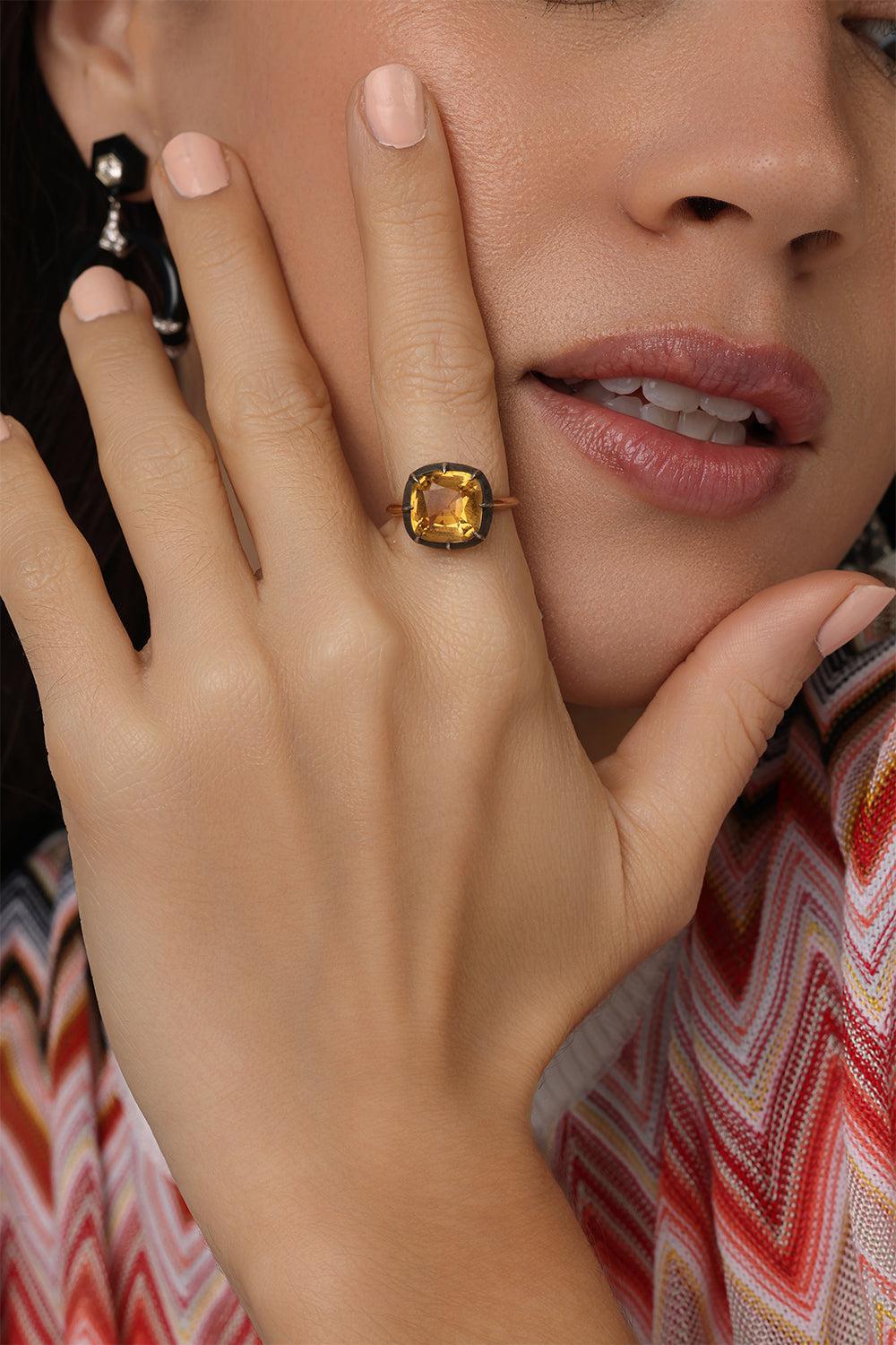 Cushion Citrine Silver Topped Gold Collet 
Solitaire Ring-YELLOW GOLD-JEWELRYFINE JEWELRING-FRED LEIGHTON