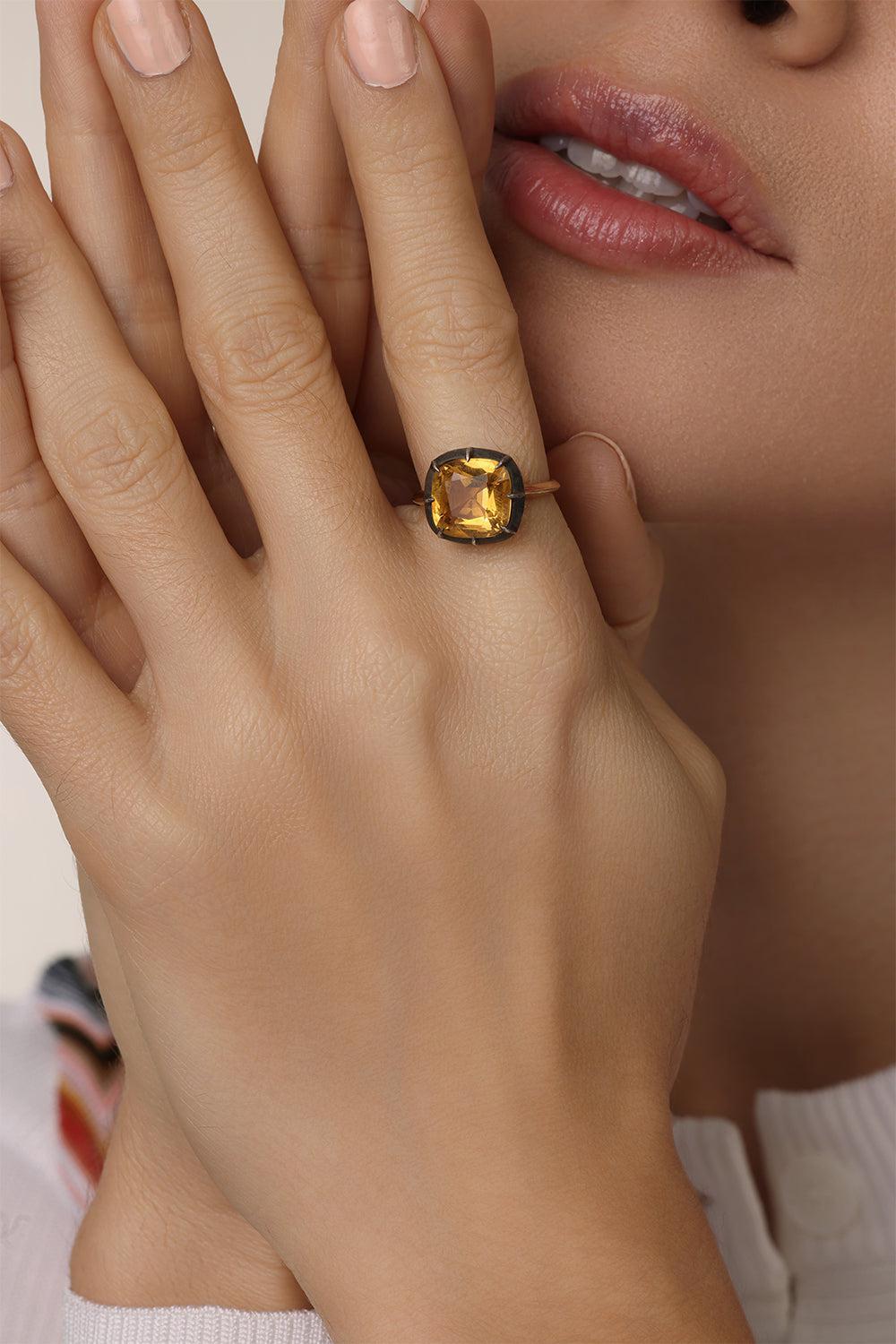 Cushion Citrine Silver Topped Gold Collet 
Solitaire Ring-YELLOW GOLD-JEWELRYFINE JEWELRING-FRED LEIGHTON