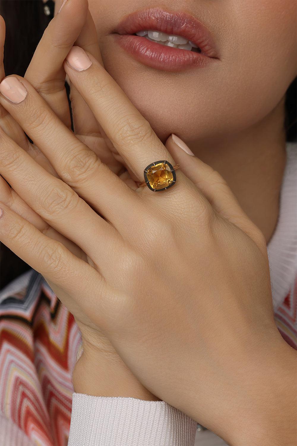 Cushion Citrine Silver Topped Gold Collet 
Solitaire Ring-YELLOW GOLD-JEWELRYFINE JEWELRING-FRED LEIGHTON