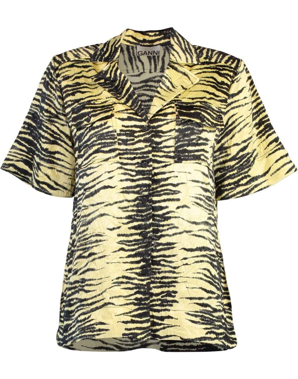 GANNI-Crinkled Satin Relaxed Short-Sleeve Shirt-