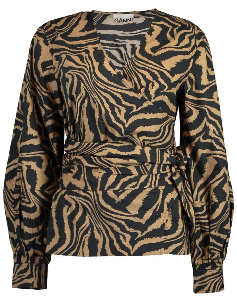 GANNI-Print Cotton Wrap Top-