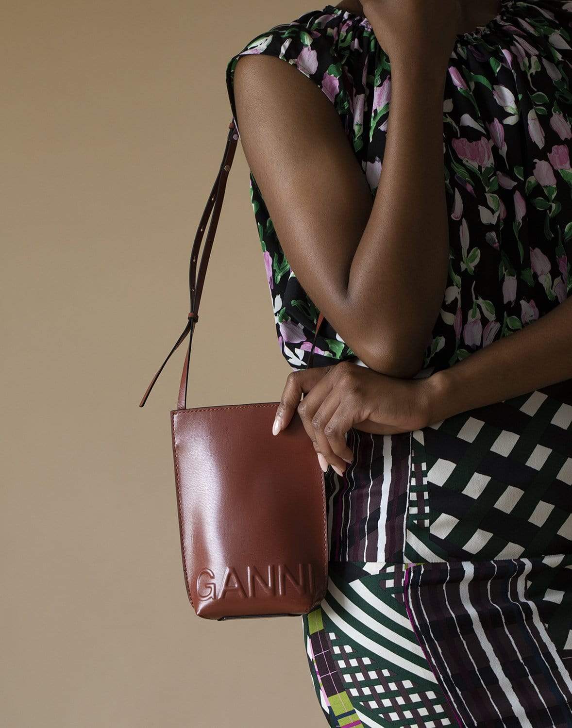 GANNI-Recycled Leather Brown Crossbody Mini Bag-BROWN