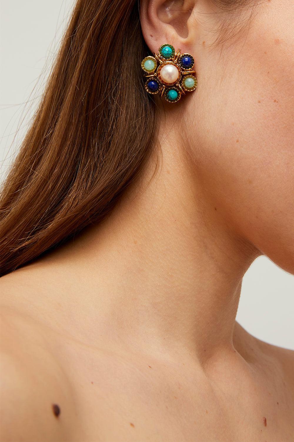 Turquoise Lapis Pearl Augusta Stud Earrings