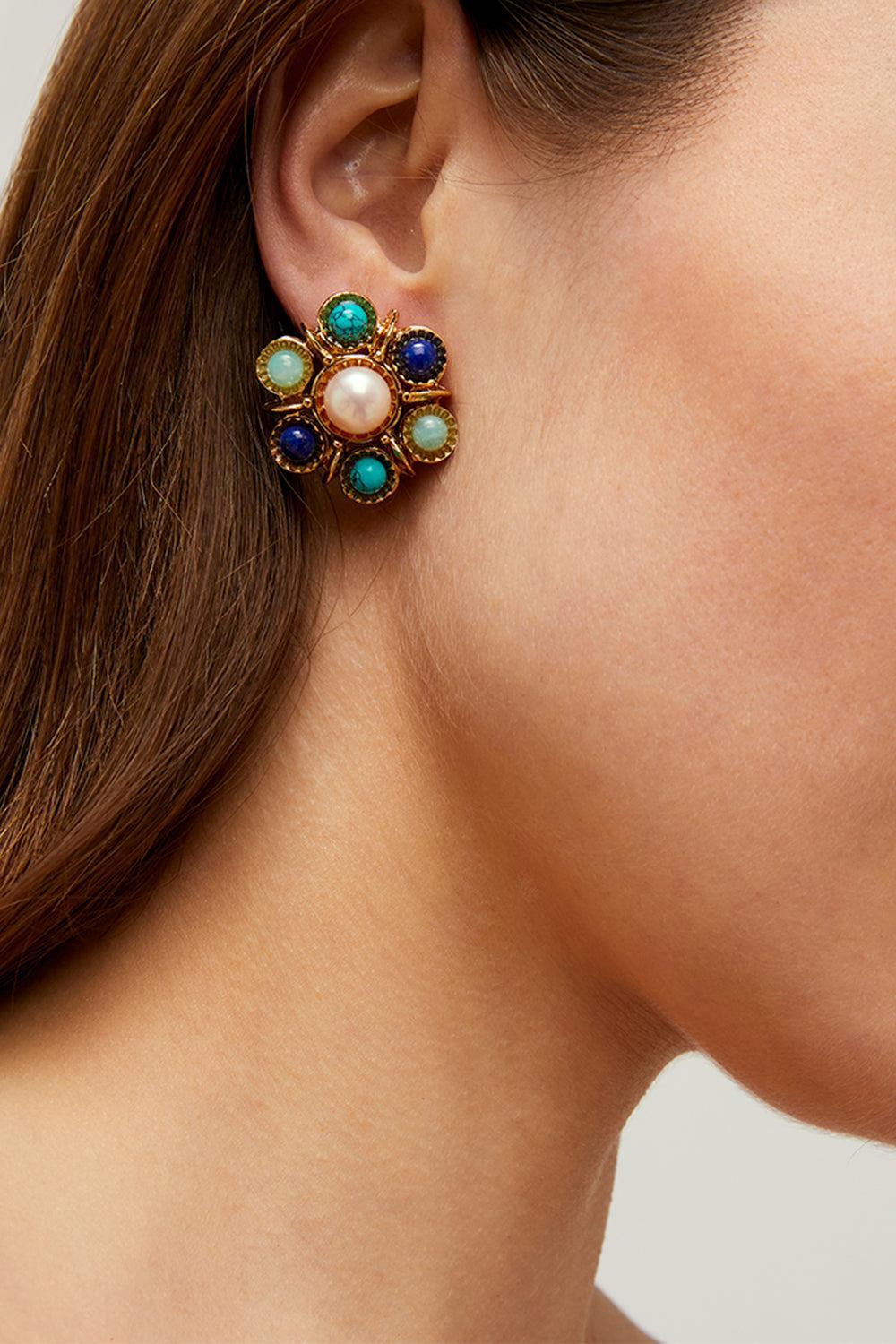 Turquoise Lapis Pearl Augusta Stud Earrings