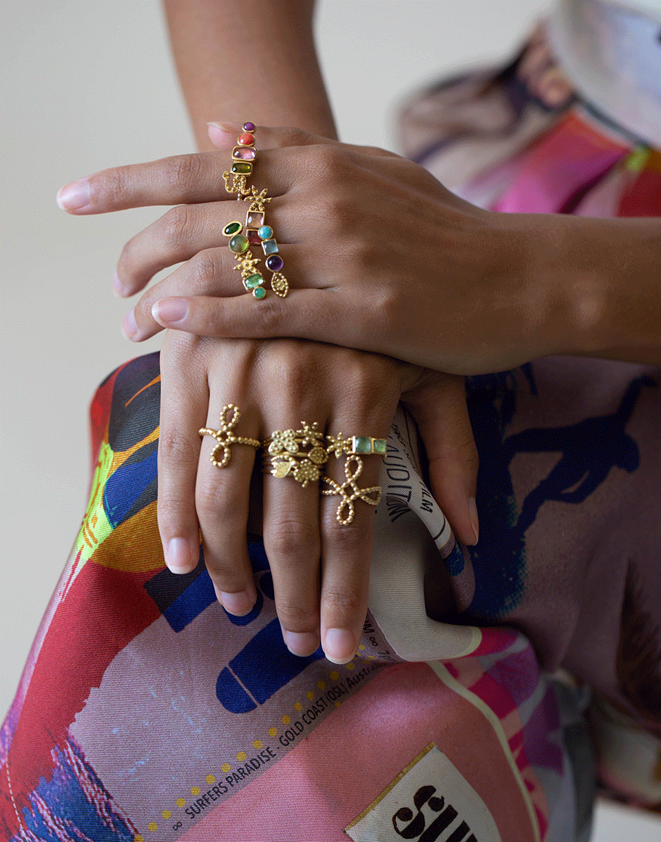 GAYA-Three Stone and Eye Ring-YELLOW GOLD