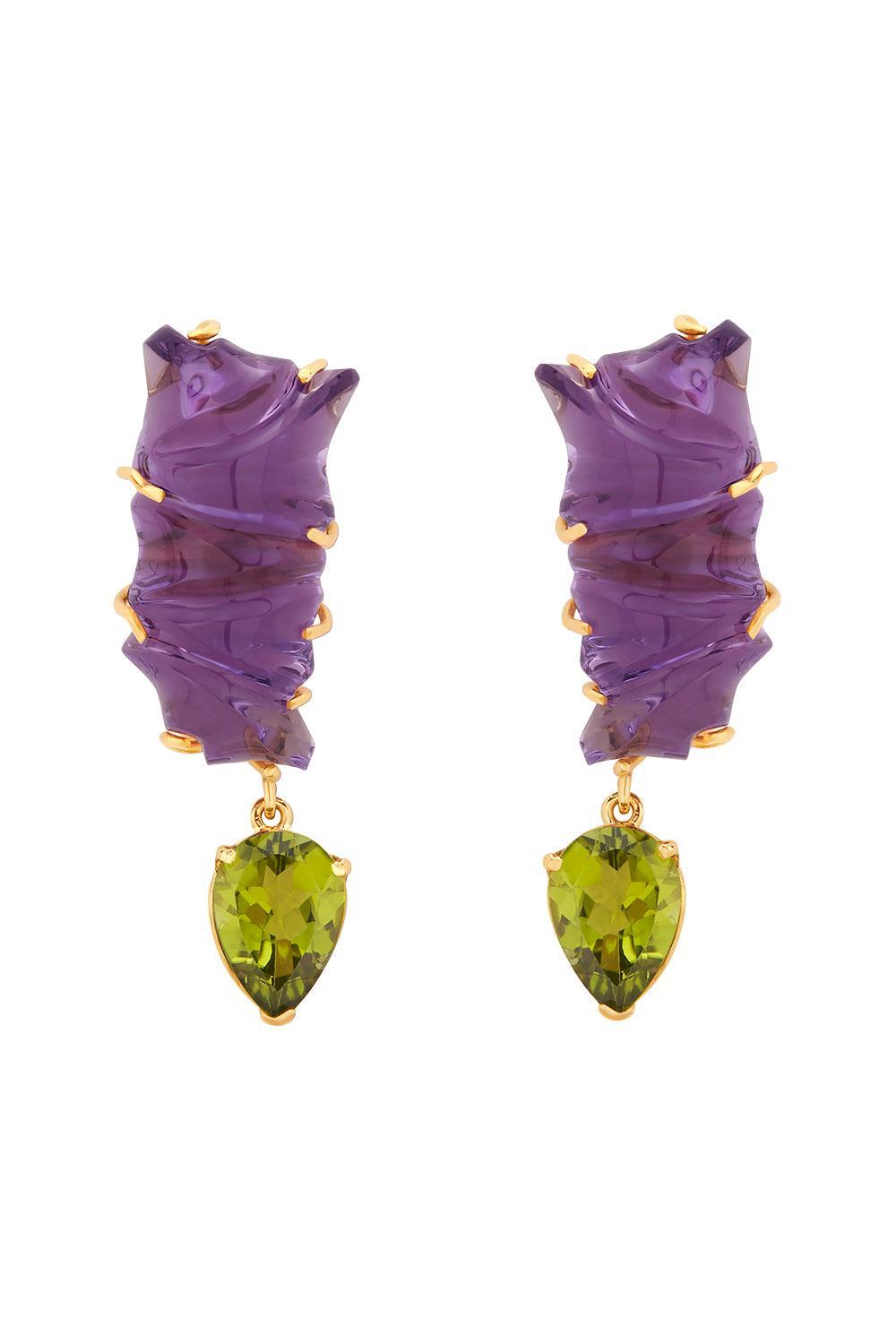 Amethyst Peridot Sculpture Earrings-YELLOW GOLD-JEWELRYFINE JEWELEARRING-GAYA JOYAS
